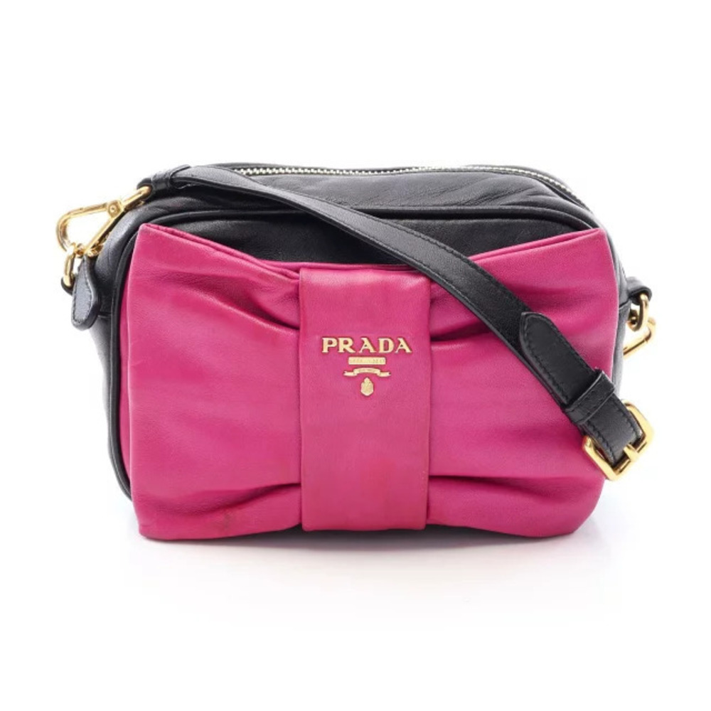 Prada Bow Crossbody Bag Leather Black Pink